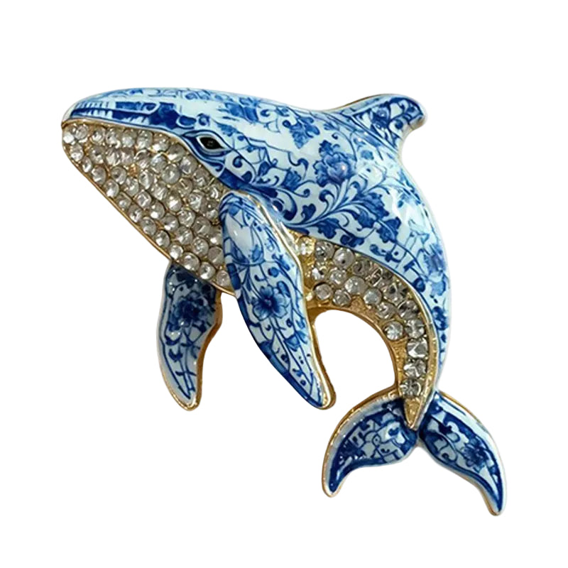 Blue porcelain enamel humpback whale brooch with crystal rhinestones and gold-tone finish