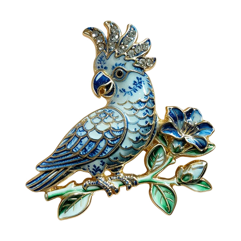 Blue porcelain enamel butterfly brooch with large crystal clusters and floral peony wing detail