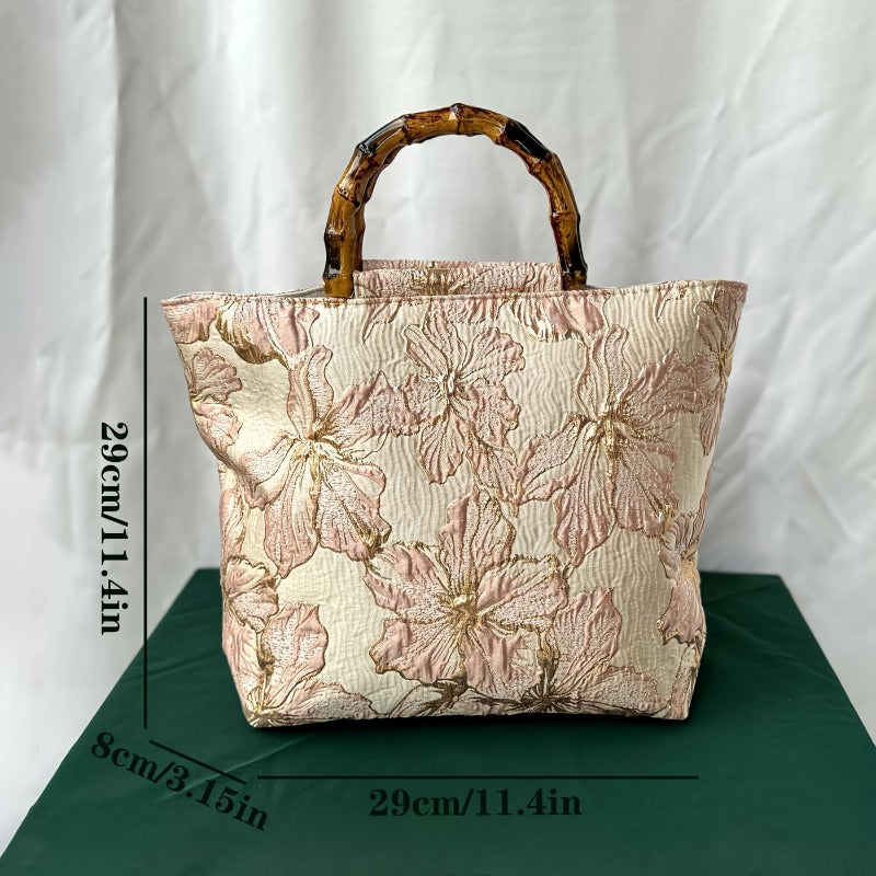 Blush floral jacquard tote bag with bamboo handles - top view