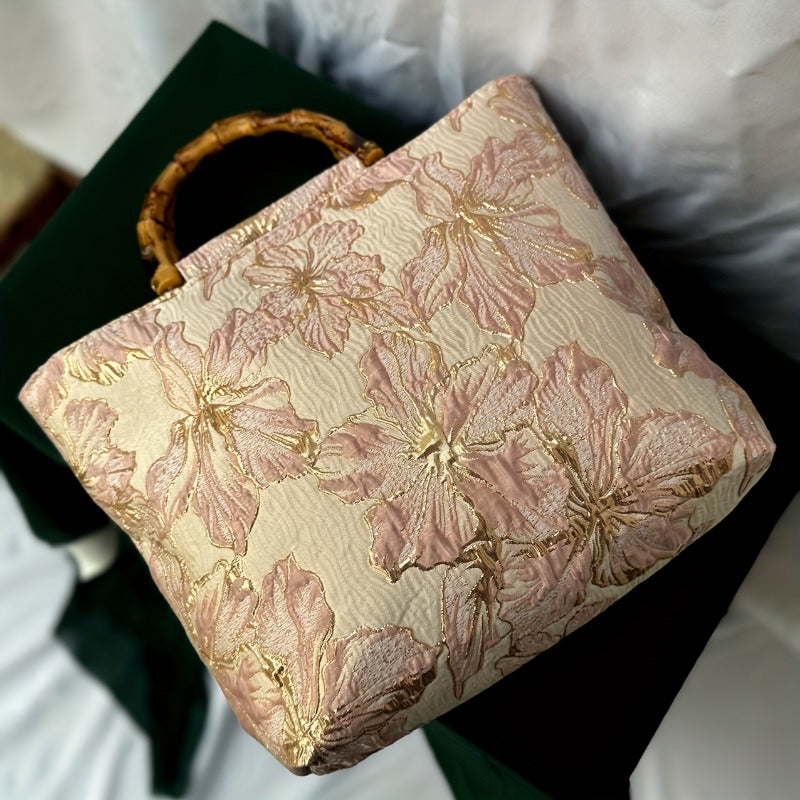 Blush floral jacquard tote bag with bamboo handles - side angle