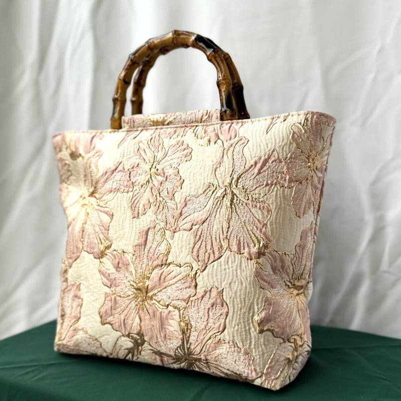 Blush floral jacquard tote bag with bamboo handles - dimensions 11x11x3 inches