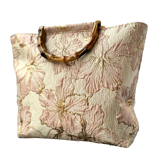 Blush floral jacquard tote bag with bamboo handles - front view