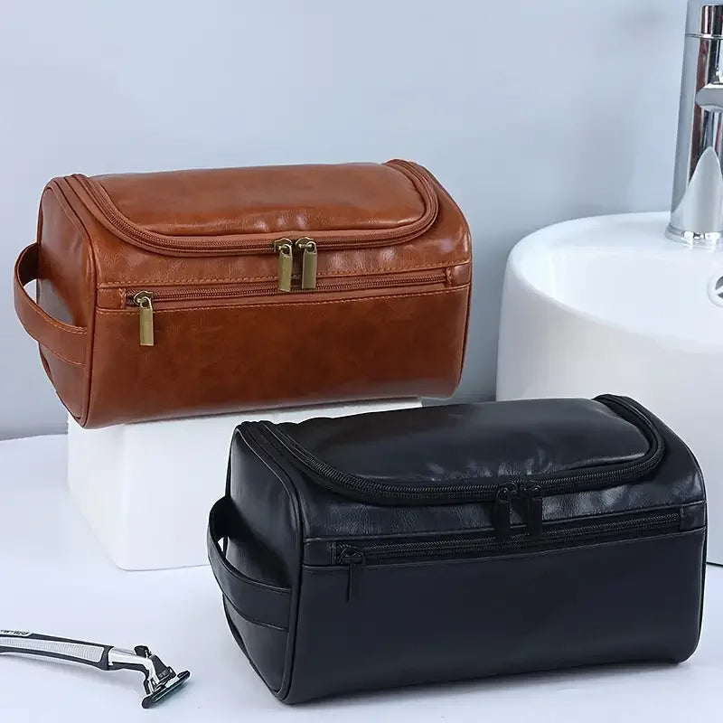 Toiletry bag open showing interior mesh pockets and hanging hook