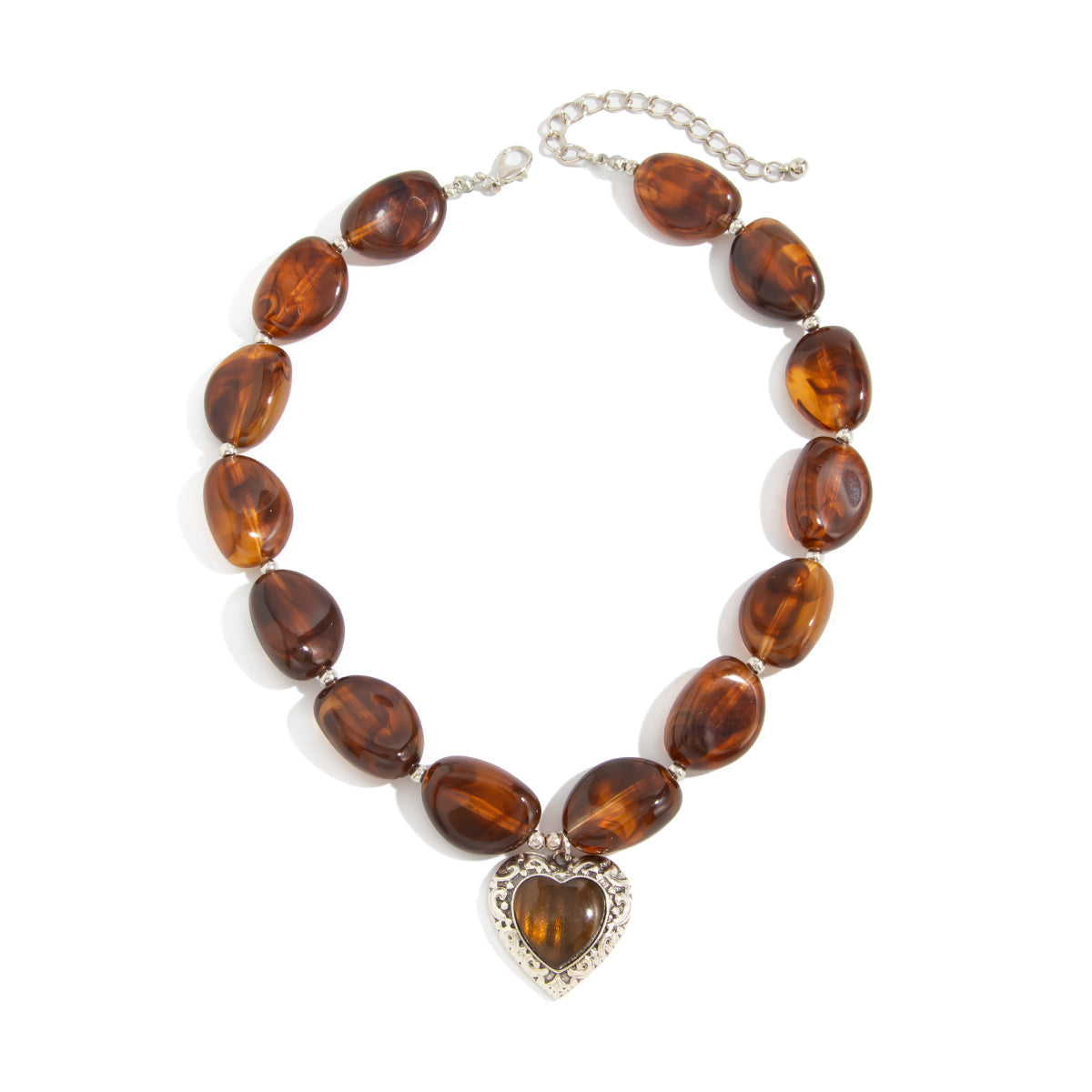 Tortoiseshell amber bead necklace detail - amber resin beads and silver spacers