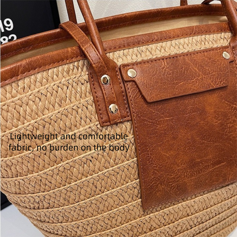 Woven Straw Tote Bag with Leather Handles