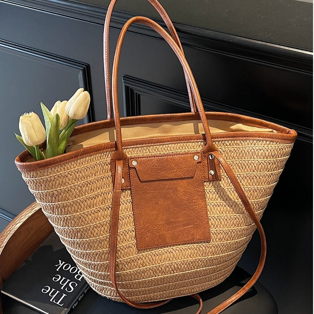 Woven Straw Tote Bag with Leather Handles