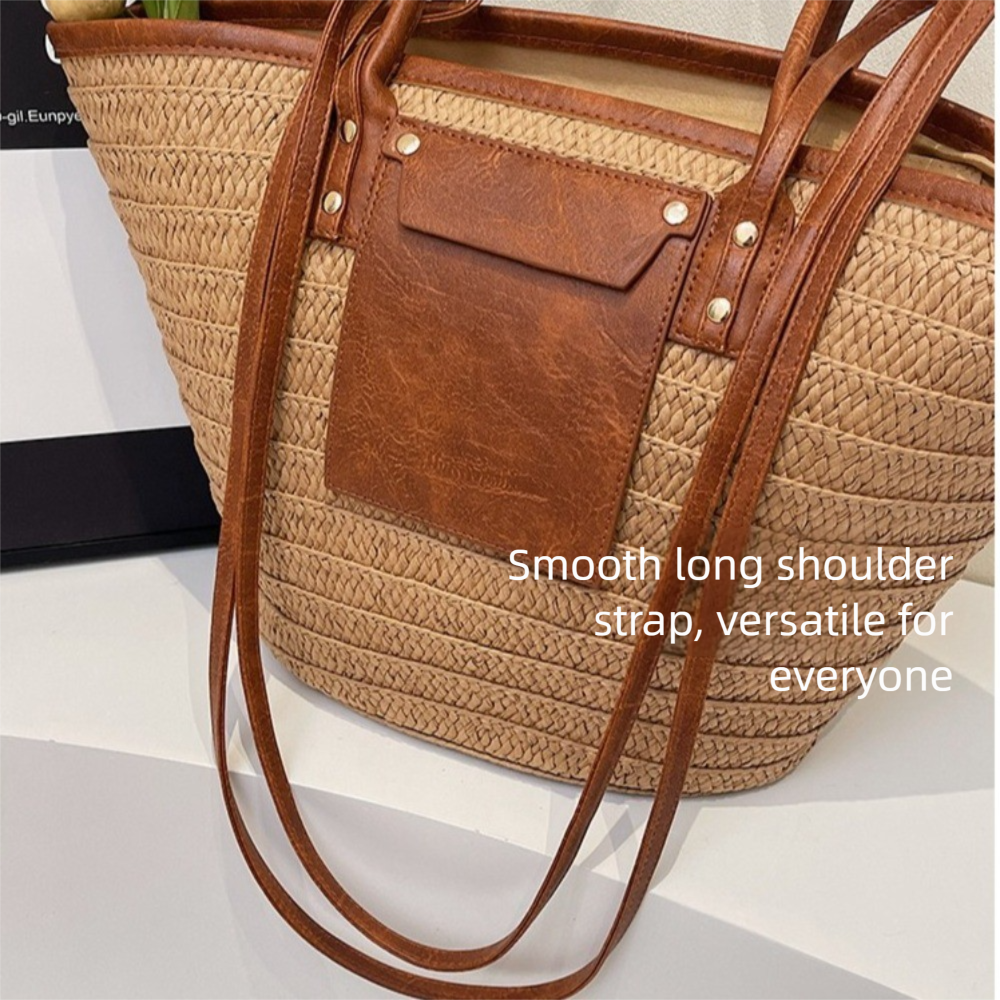 Woven Straw Tote Bag with Leather Handles
