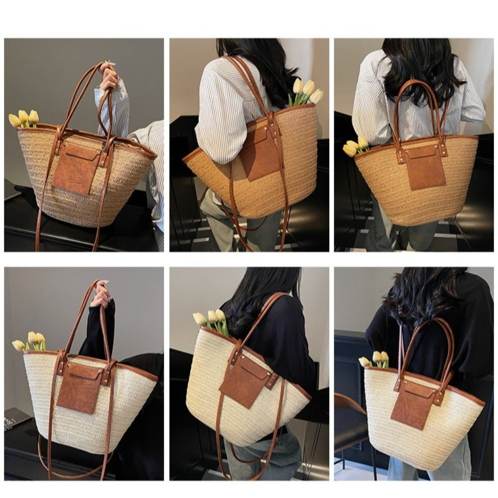 Woven Straw Tote Bag with Leather Handles