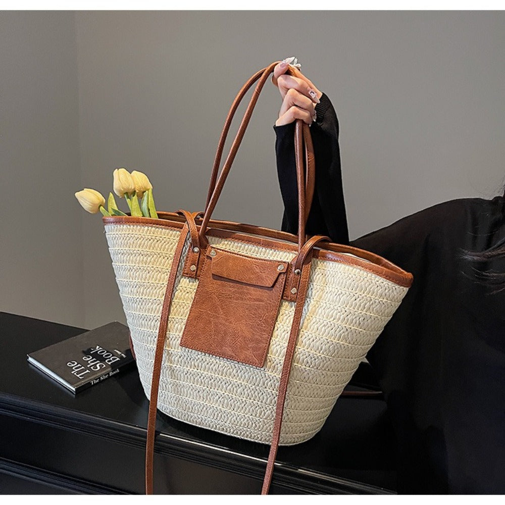 Woven Straw Tote Bag with Leather Handles