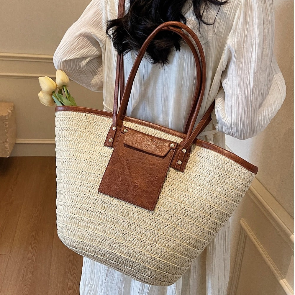 Woven Straw Tote Bag with Leather Handles