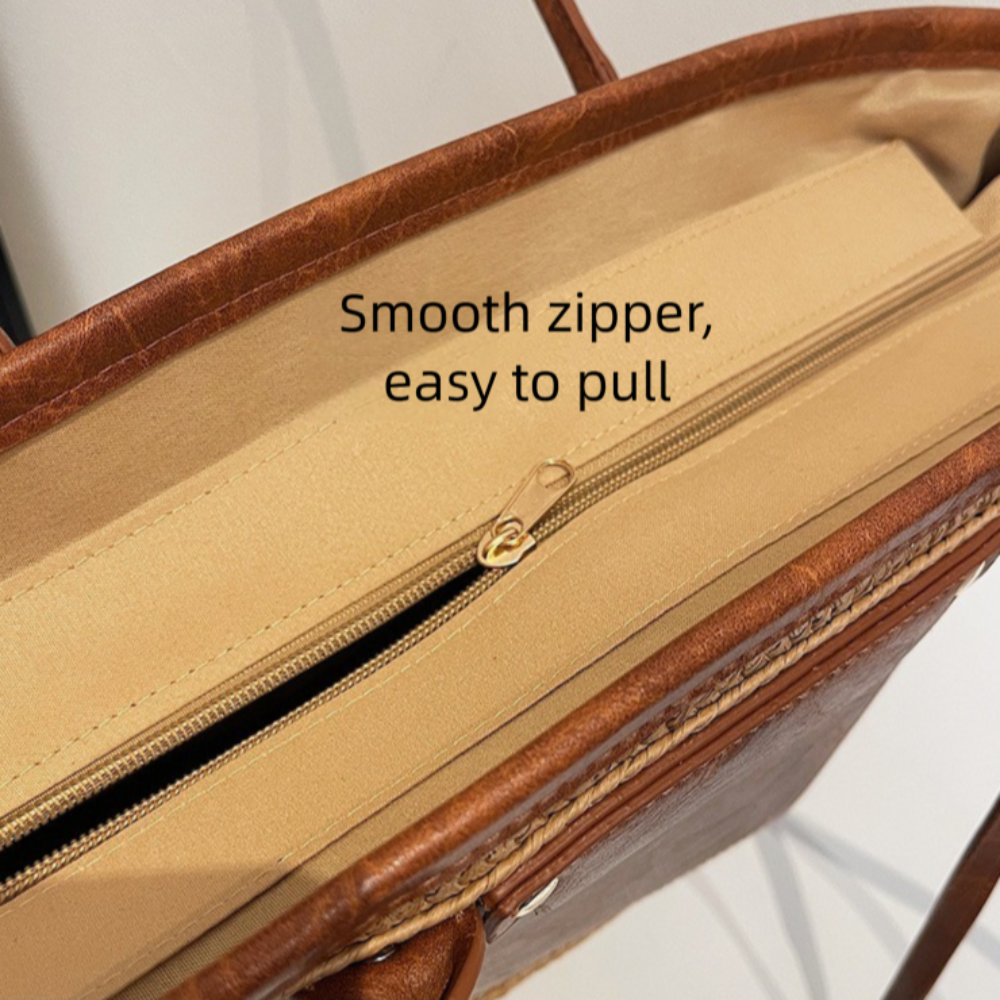 Woven Straw Tote Bag with Leather Handles