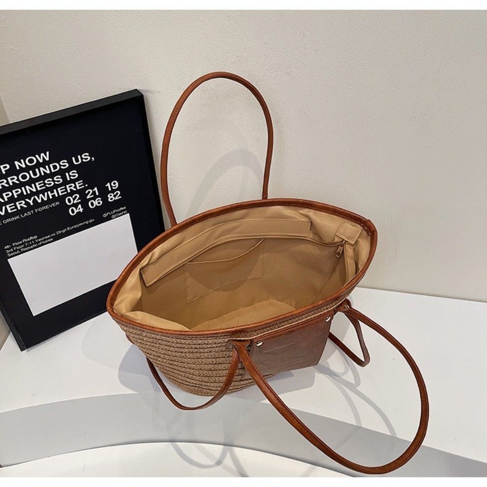 Woven Straw Tote Bag with Leather Handles