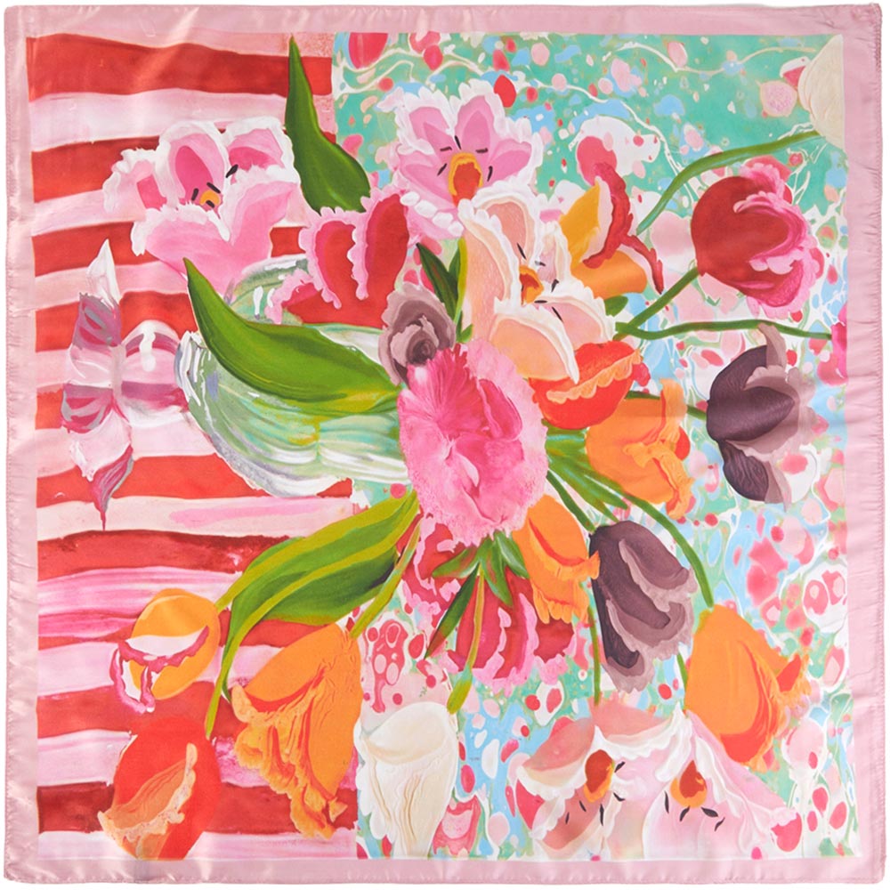 Painterly floral bouquet square scarf flat lay showing vibrant pink, orange, and plum blooms on red stripe and aqua background