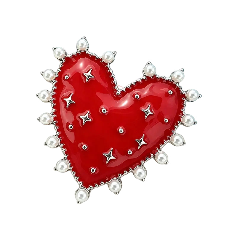Red Enamel Heart Brooch Set of 3 – Pearl Border, Multicolor Gemstone & Crystal Star