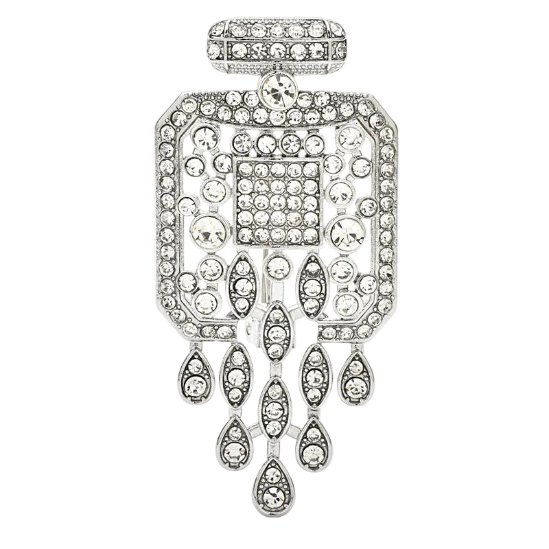 Crystal rhinestone high-heel shoe brooch with gold butterfly accent – product info card