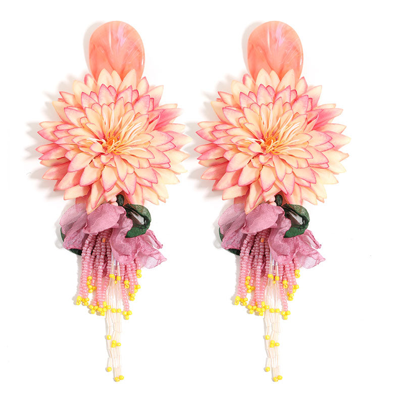 Dahlia flower beaded tassel drop earrings measurements - 3.15 inch wide 7.48 inch long