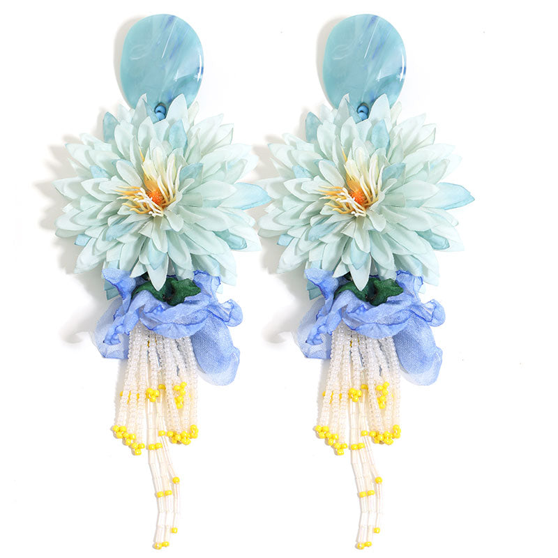 Dahlia flower beaded tassel drop earrings additional view