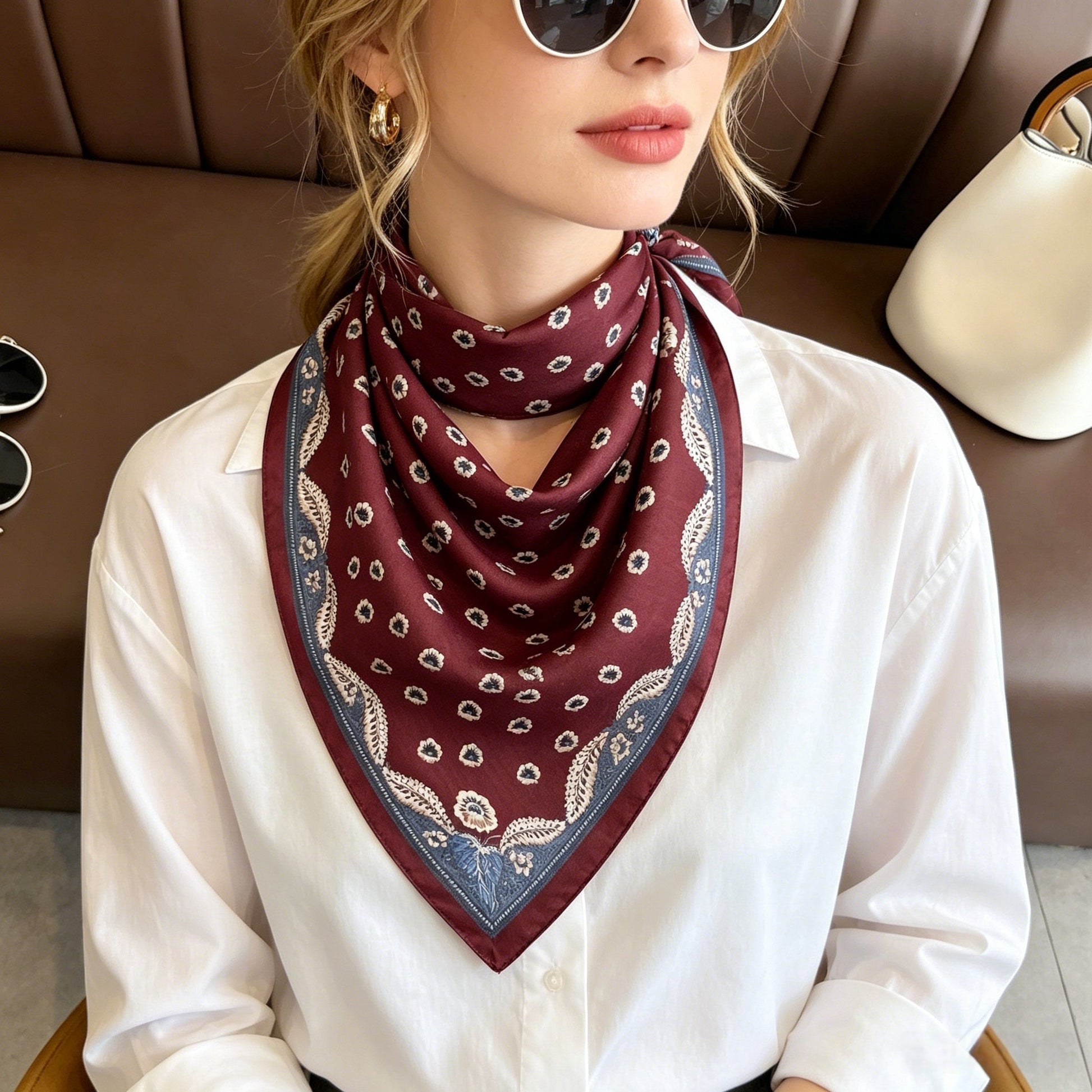 Burgundy square scarf close-up showing cream floral print pattern and blue embroidered border edge