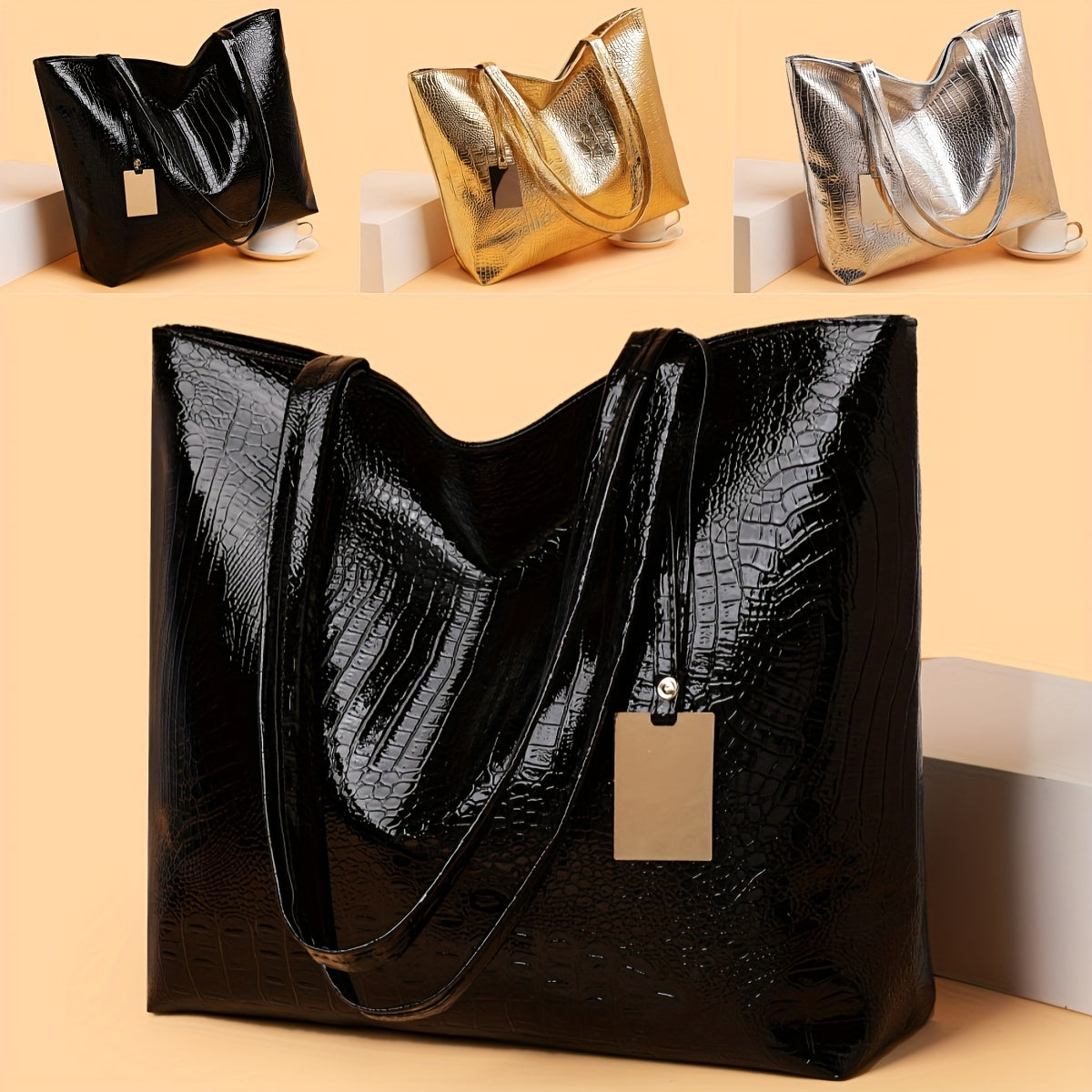 Black Croc-Embossed Glossy Tote Bag Large Shoulder Handbag for Women