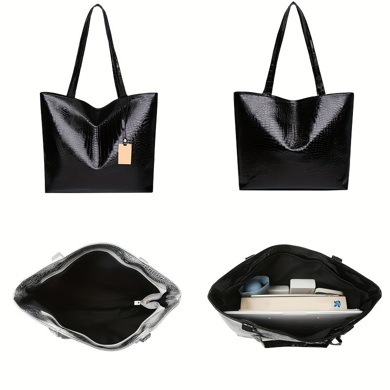 Black Croc-Embossed Glossy Tote Bag Interior View Large Faux Leather Shoulder Bag