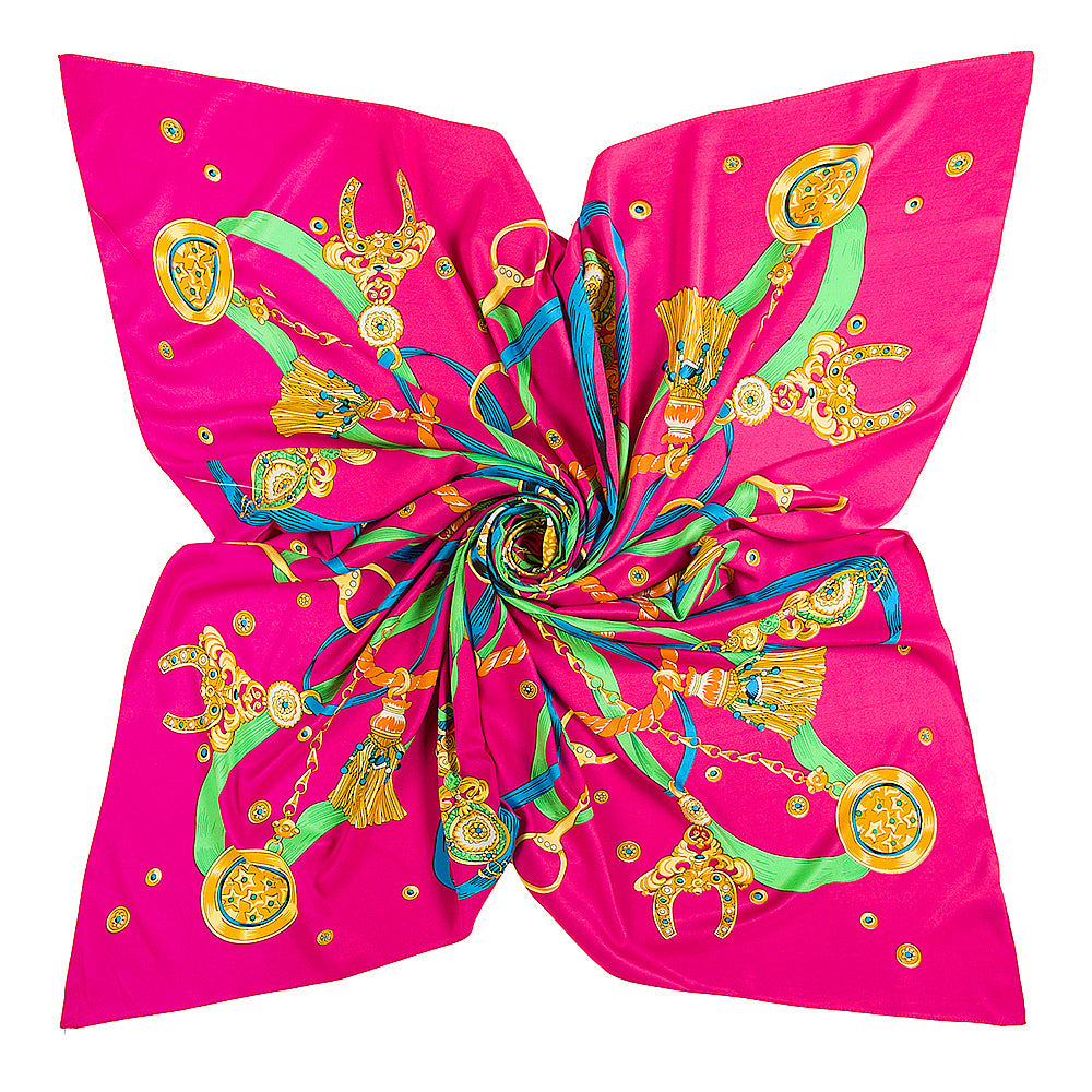 Fuchsia Silk Square Scarf – Chain, Tassel & Medallion Print