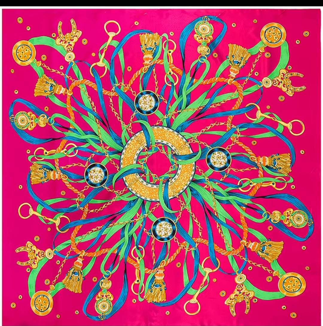 Fuchsia Silk Square Scarf – Chain, Tassel & Medallion Print