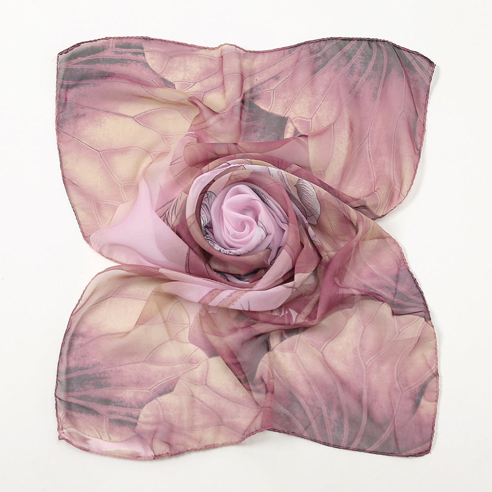 Dusty Pink Lotus Print Chiffon-Feel Scarf folded into rose shape