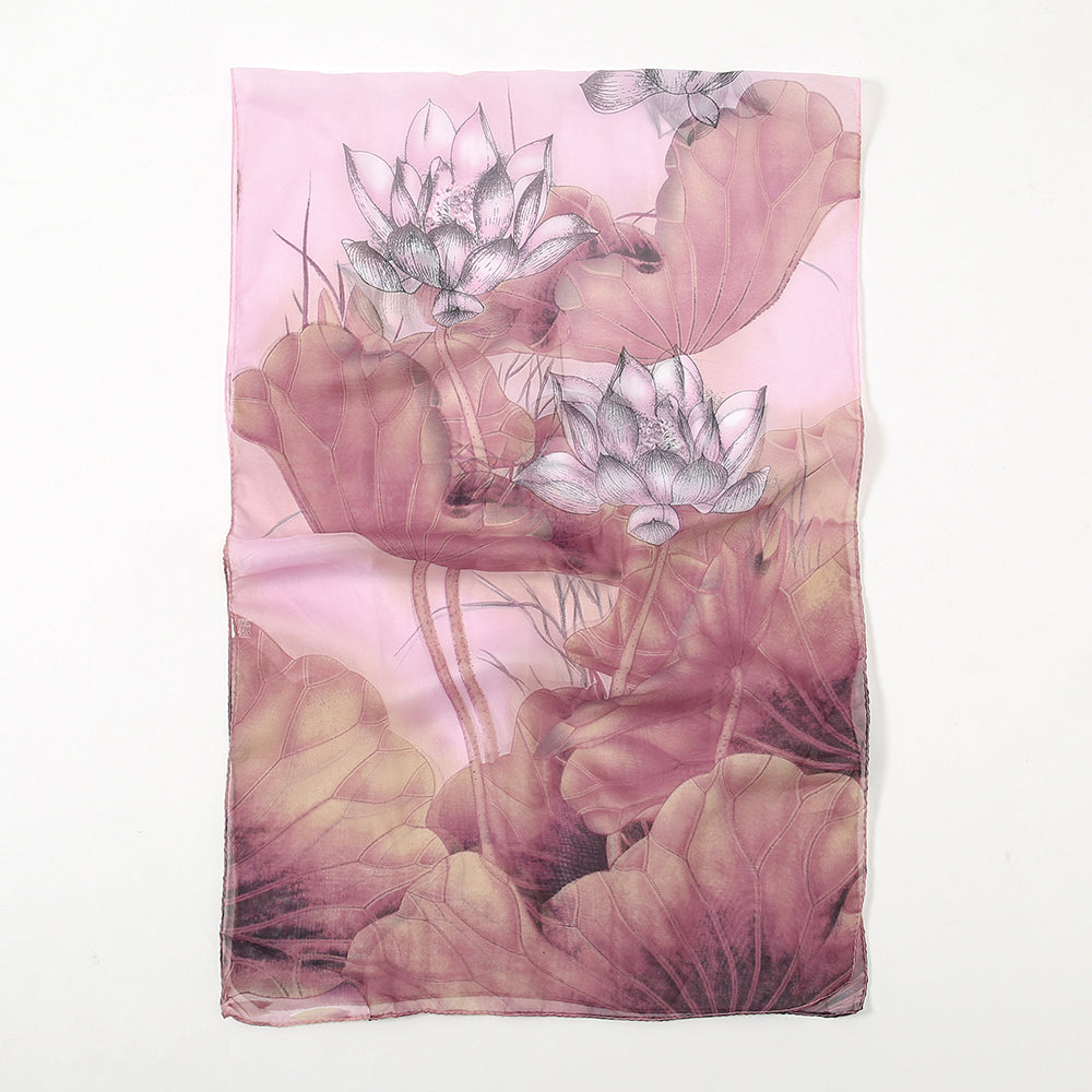 Dusty Pink Lotus Print Chiffon-Feel Scarf flat lay showing full lotus flower print