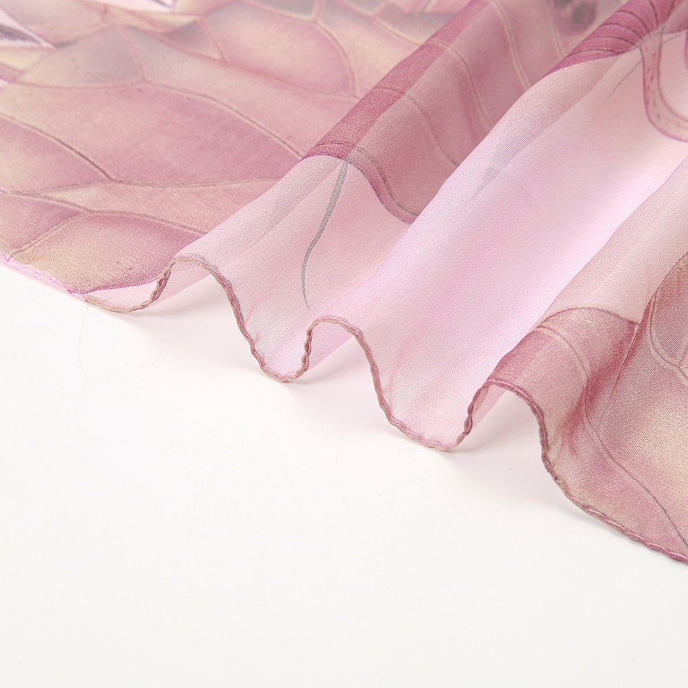Dusty Pink Lotus Print Chiffon-Feel Scarf close-up showing sheer fabric and rolled edges