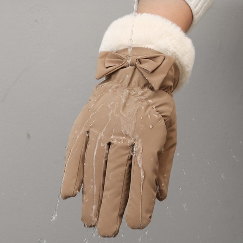 Women's waterproof winter gloves with bow detail and white faux fur cuff - front and back view