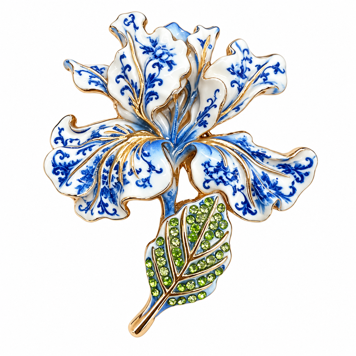Blue white iris flower brooch pin worn on cream sweater