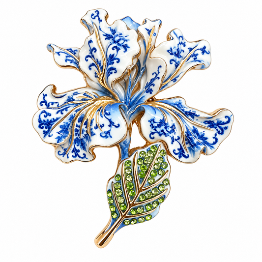 Blue white iris flower brooch pin worn on cream sweater