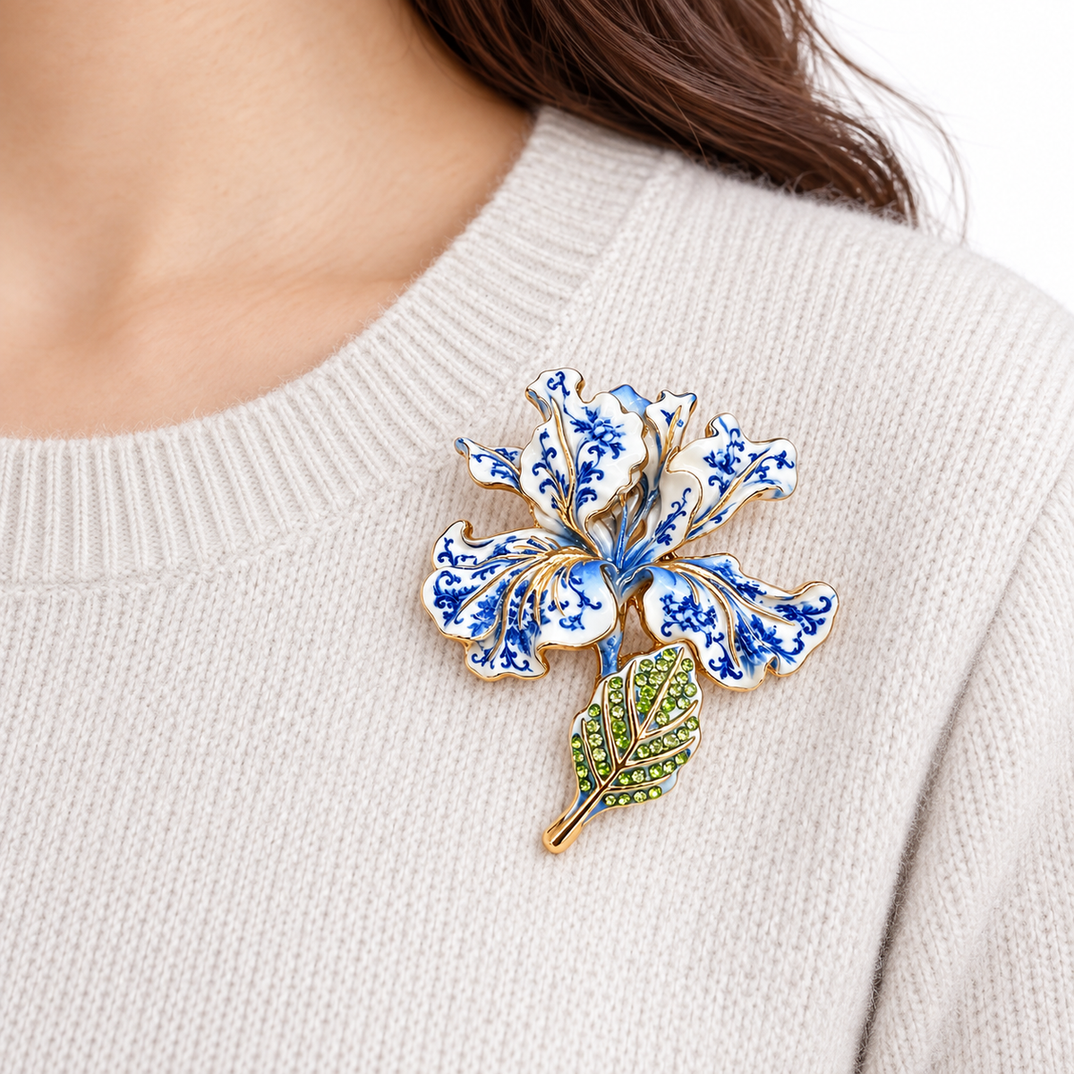 Blue white iris flower brooch pin on cream blazer lapel