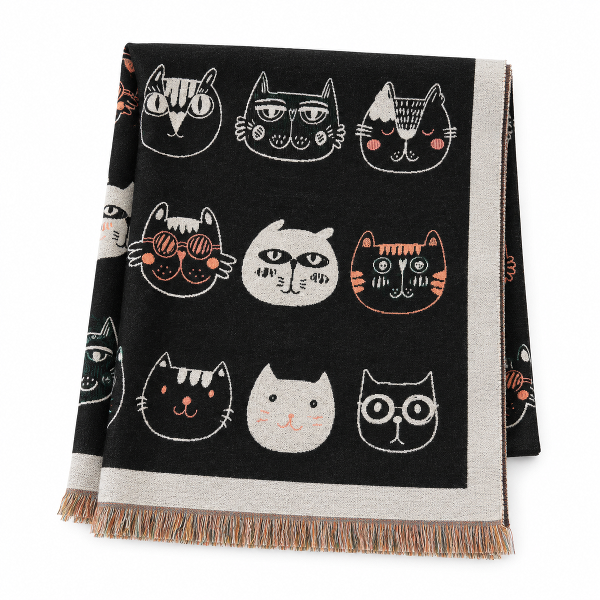 Woman wearing whimsical cat faces black woven scarf draped over cream coat