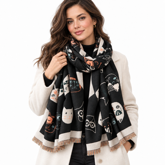 Whimsical cat faces black woven scarf – folded flat lay showing full print