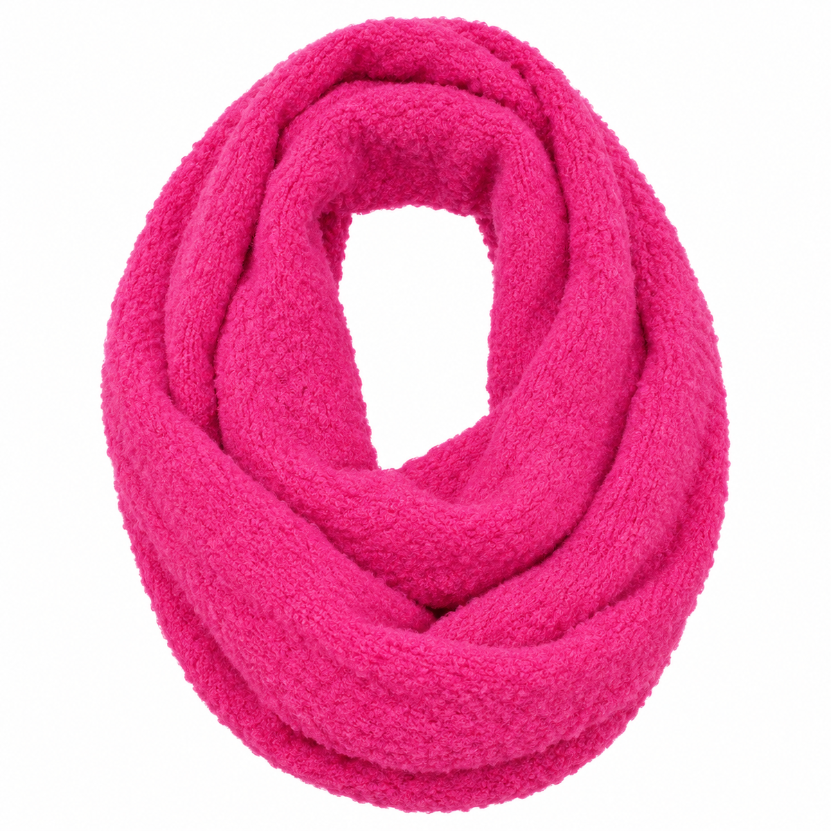 Hot pink chunky knit infinity scarf looped, top view