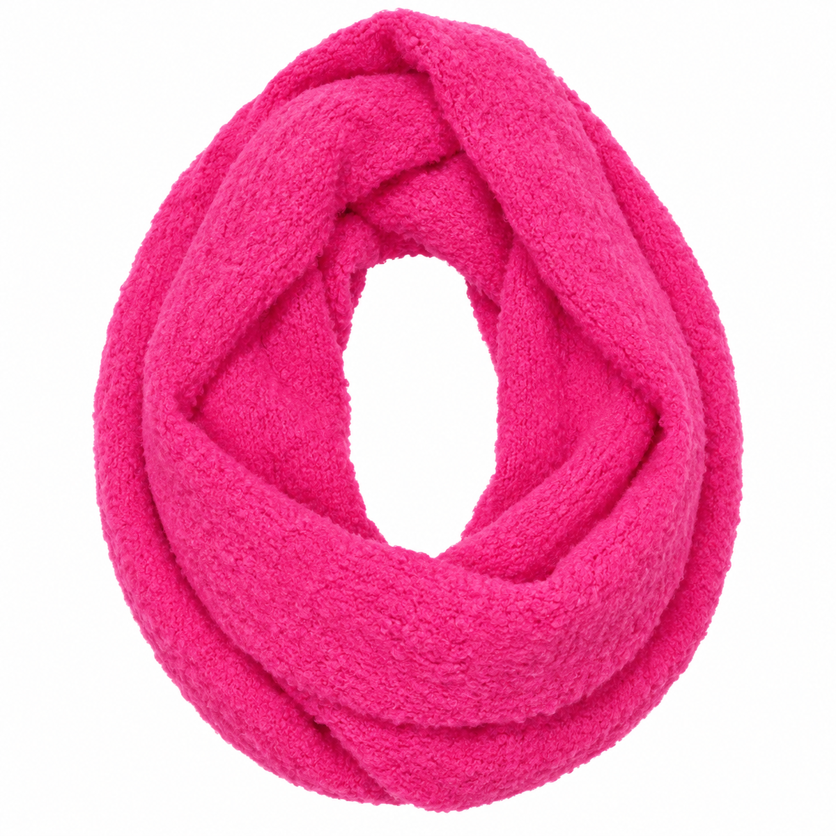 Hot pink chunky knit infinity scarf twisted loop, angled view