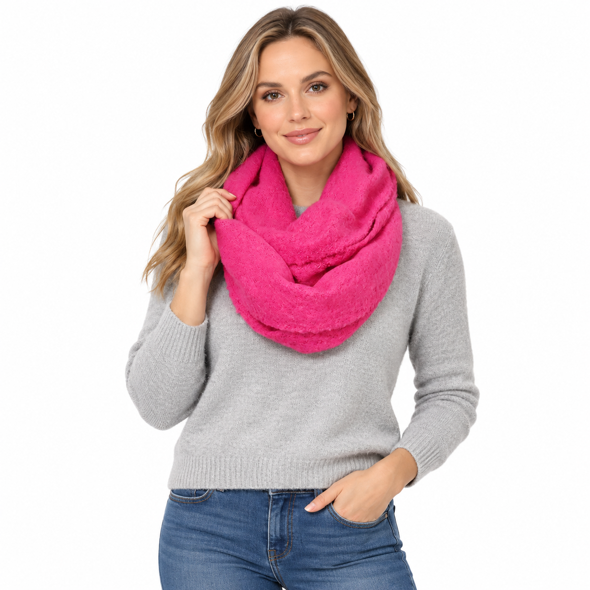 Hot pink chunky knit infinity scarf coiled, flat lay view