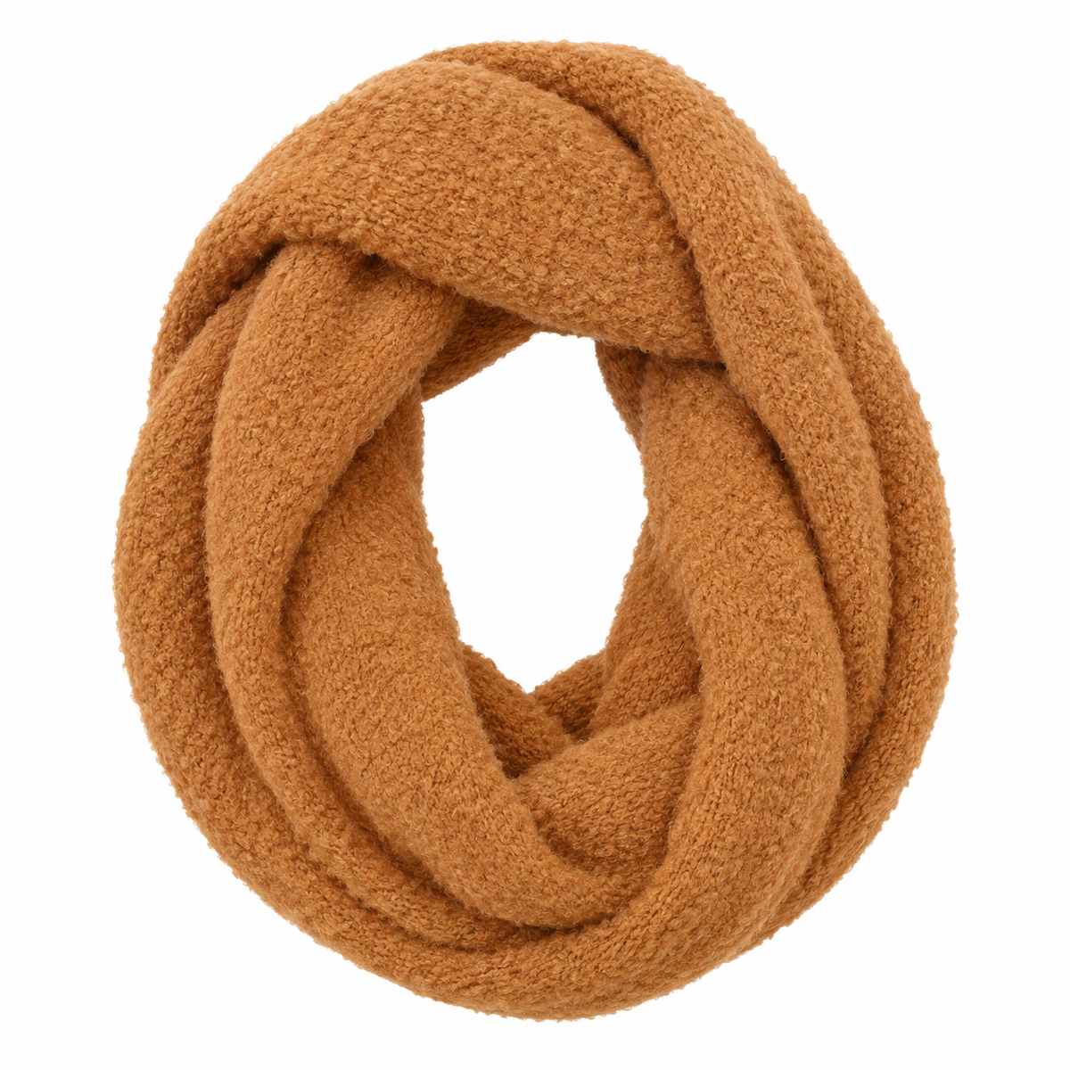 Camel infinity loop scarf coiled flat on white background — top view