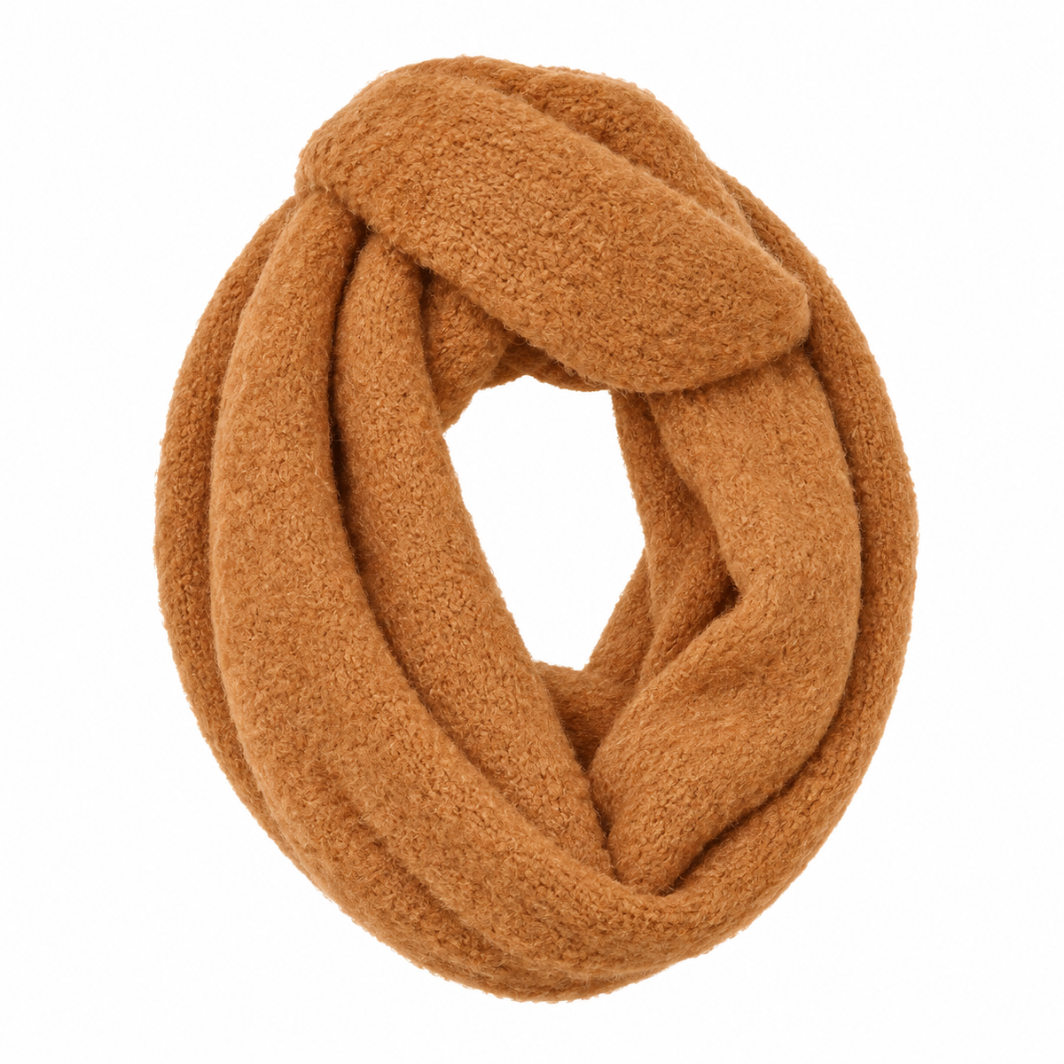 Camel chunky knit infinity scarf coiled on white background — front view