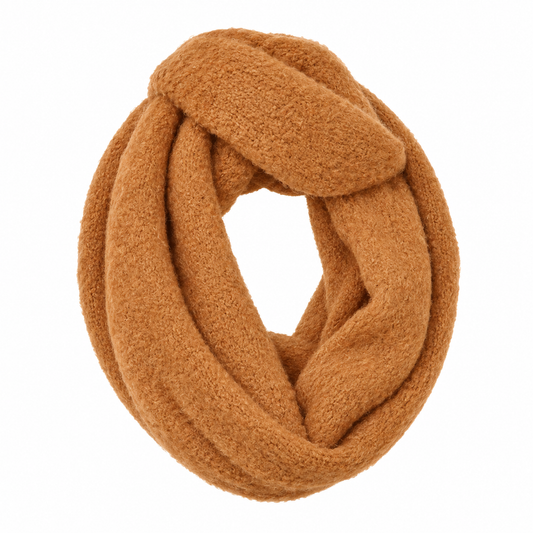 Camel chunky knit infinity scarf coiled on white background — front view