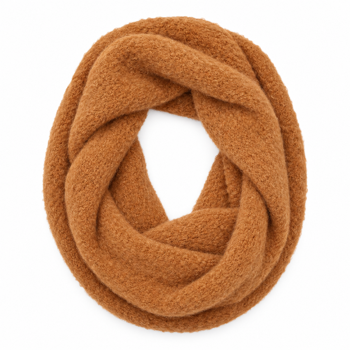 Woman in grey sweater styling camel infinity scarf as a double loop cowl