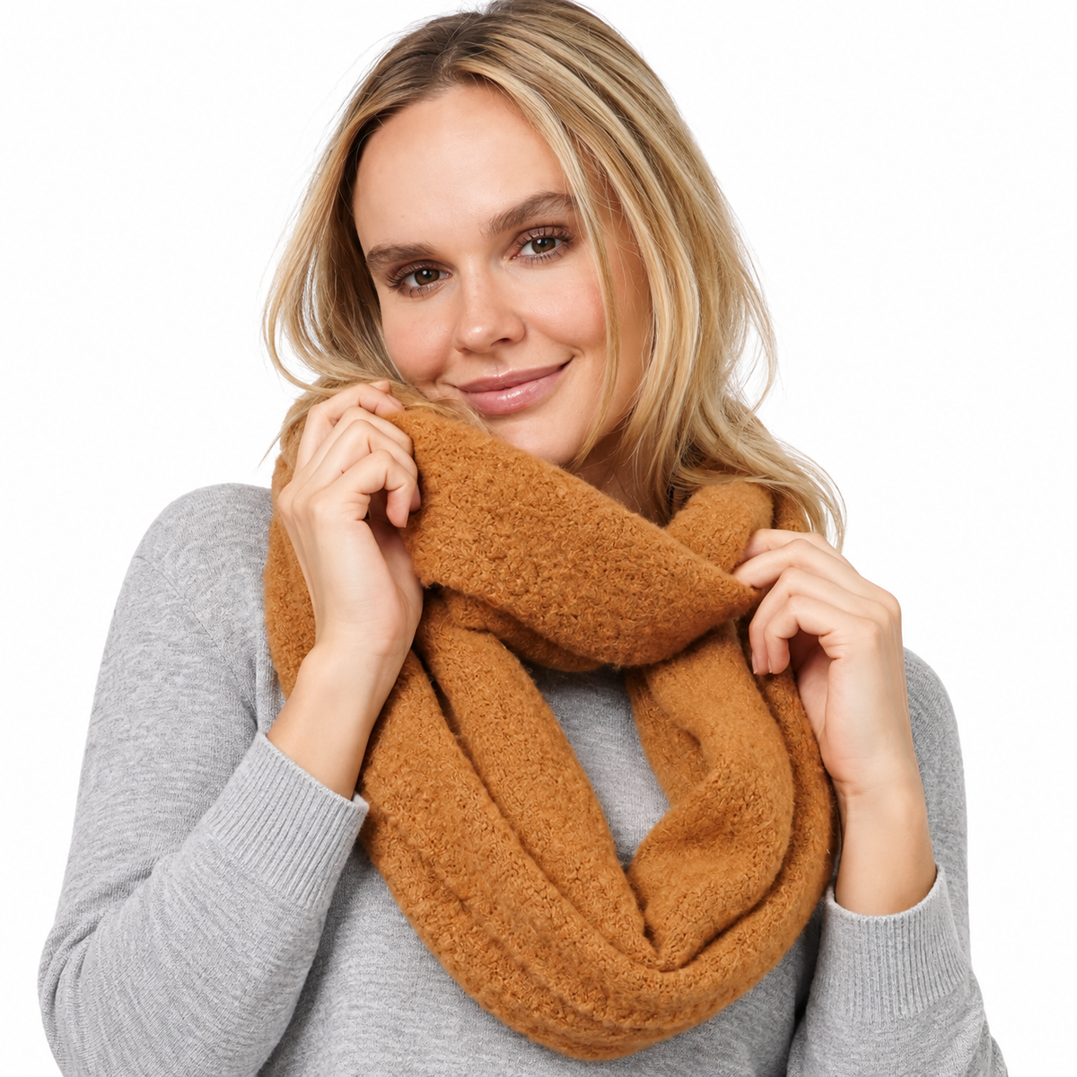 Camel chunky knit infinity scarf laid flat showing full texture and loop shape