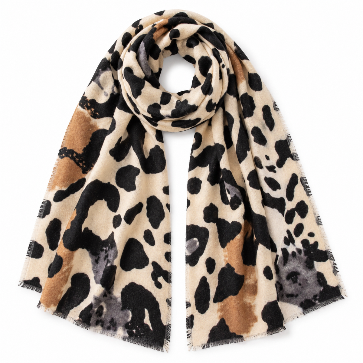 Women's oversized animal print scarf beige black cashmere feel – worn draped open over black blazer showing bold animal print pattern