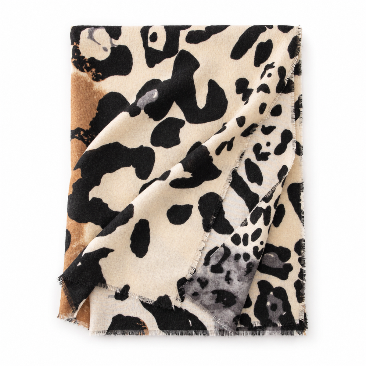 Women's oversized animal print scarf beige black cashmere feel – wrapped loosely around neck over cream sweater