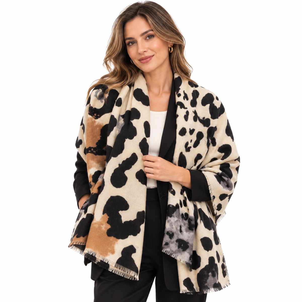 Women's oversized animal print scarf beige black cashmere feel – coiled flat lay showing full scarf dimensions and mixed animal print
