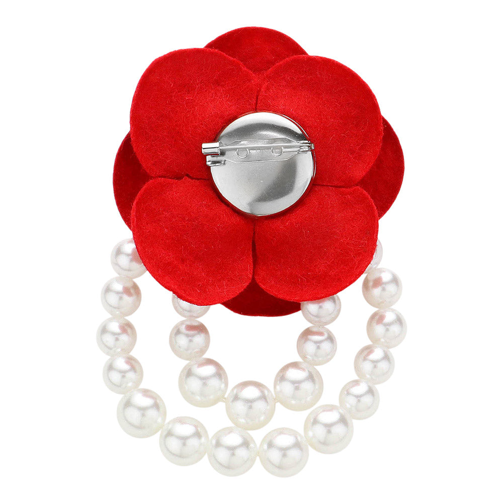 Black camellia flower pearl brooch pin – front view on white background