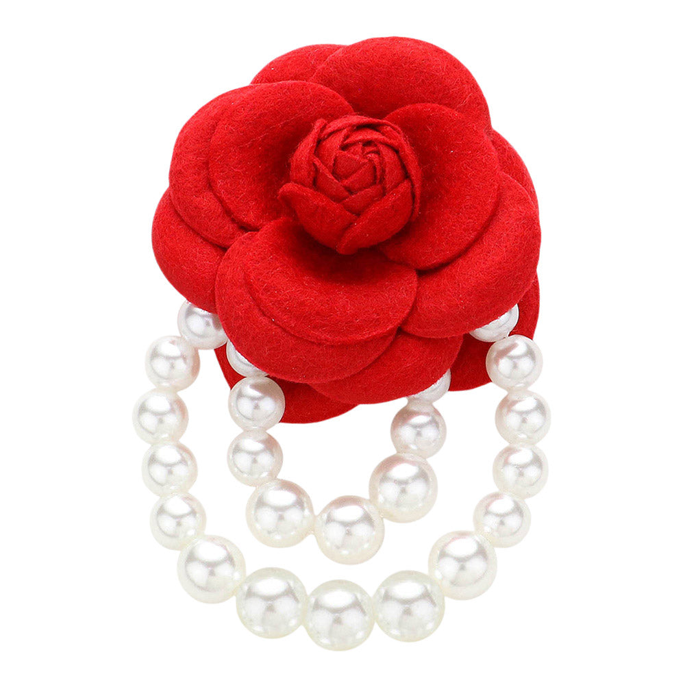 Red camellia flower pearl brooch pin – back view showing silver pin clasp