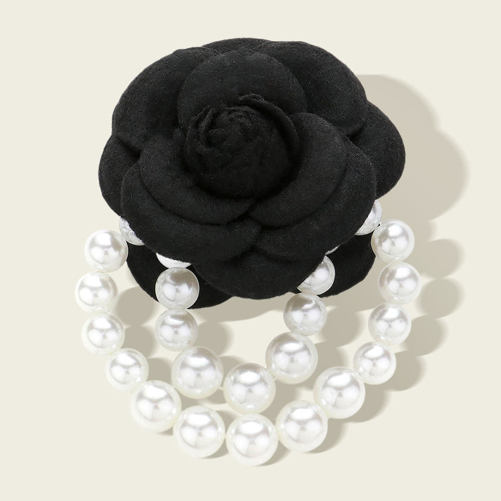 Red camellia flower pearl brooch pin – back view on white background