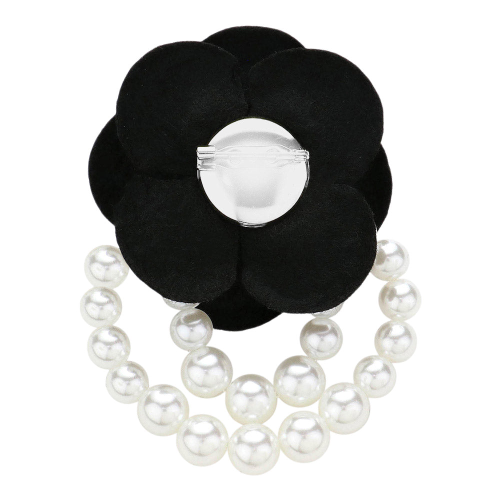 Red camellia flower pearl brooch pin – front view showing rose detail